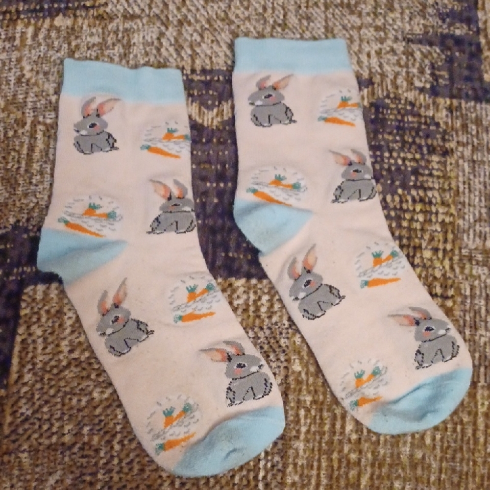 4/$30 Cute Peach & Blue Socks with Gray Bunny Pattern - Adult Size